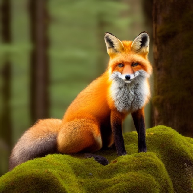 A red fox in a forest, generated by Stable Diffusion 1.5 at 512 by 512