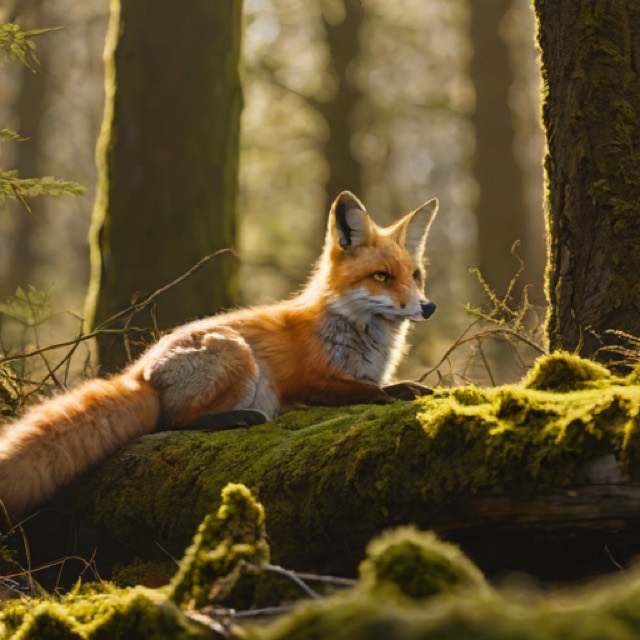 A red fox on a mossy log, generated by SDXL Turbo at 512 by 512